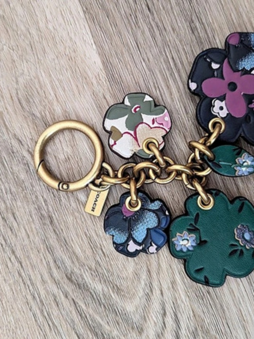 Coach Tea Rose Multicolor Leather Floral Bag Charm Keychain Brass Hardware EUC - Picture 3 of 5